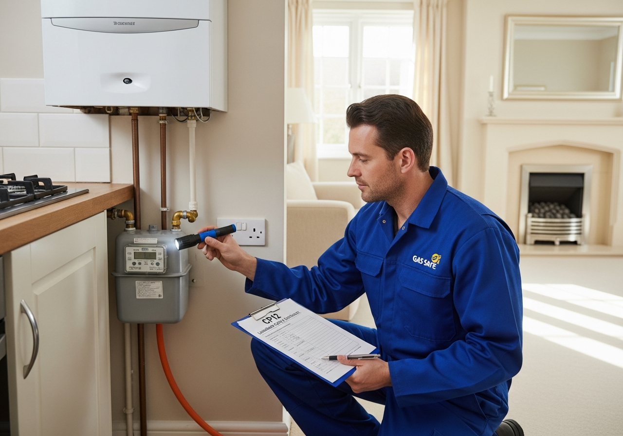 Gas engineer completing a landlord CP12 gas safety inspection
