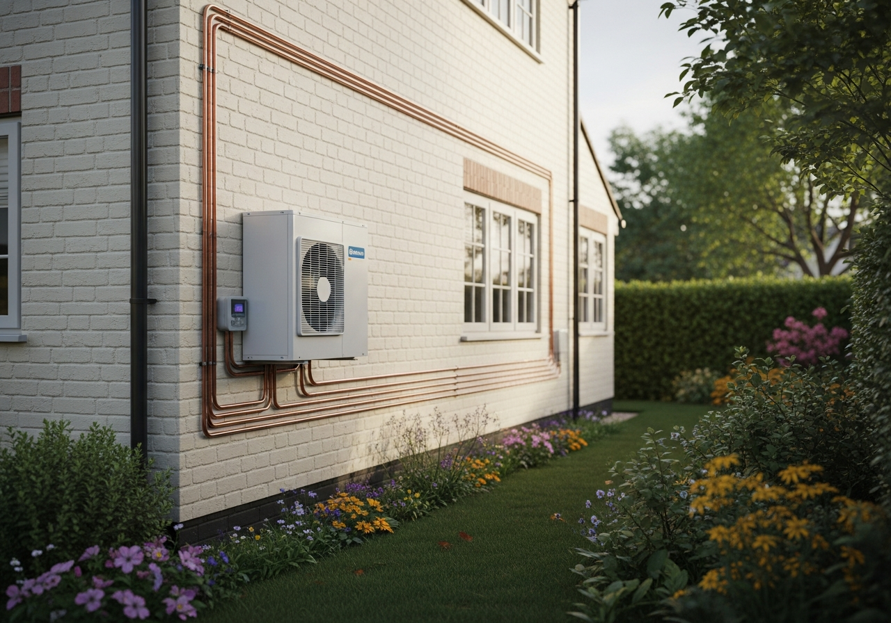 Air source heat pump installed outside a London home