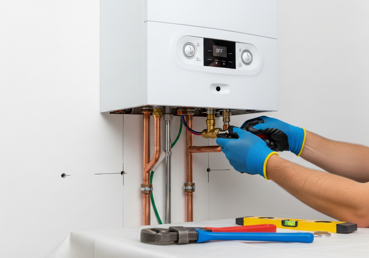 Gas Safe engineer installing a modern boiler in South West London