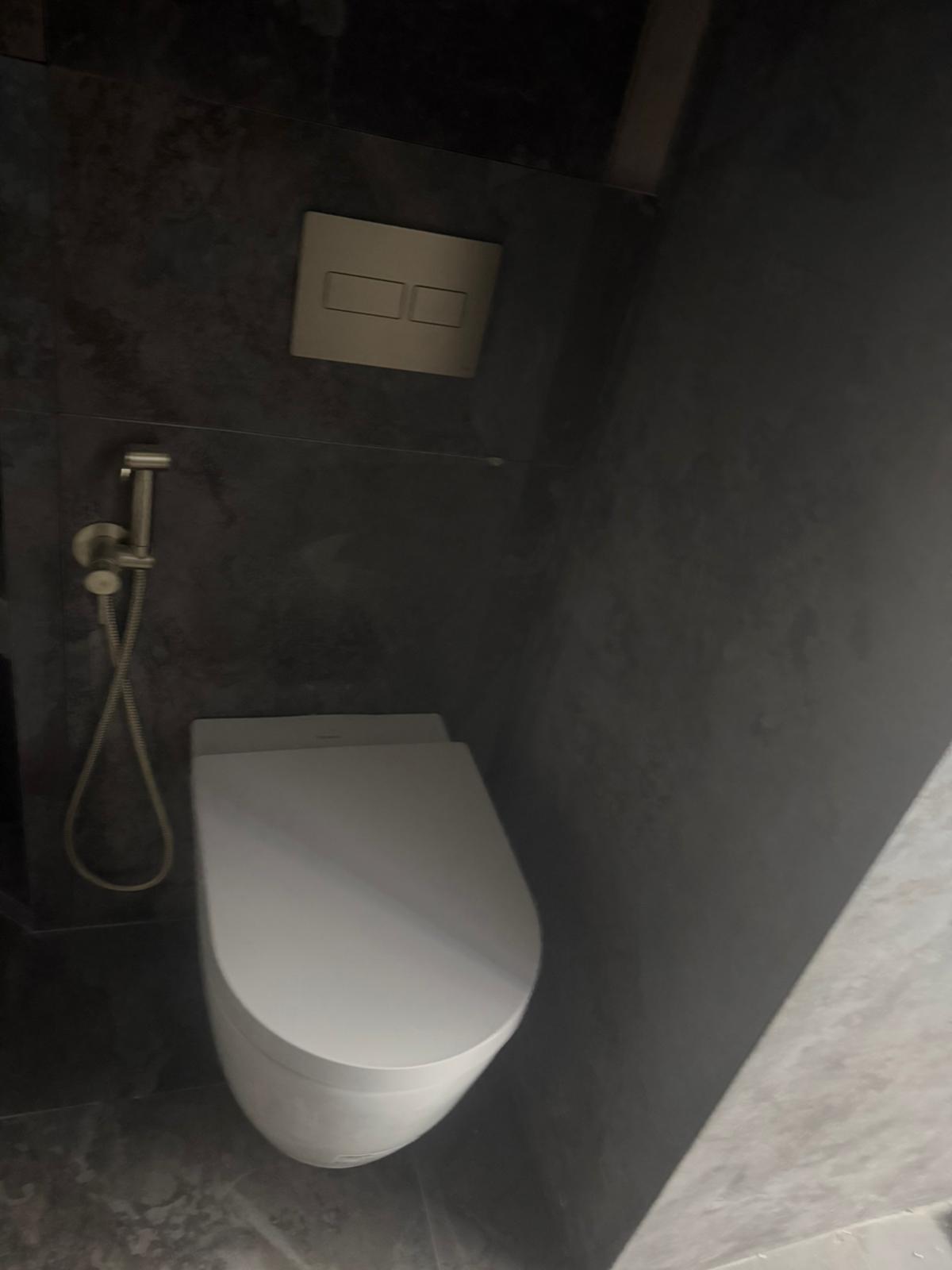 Dark bathroom with wall-hung toilet and bidet spray