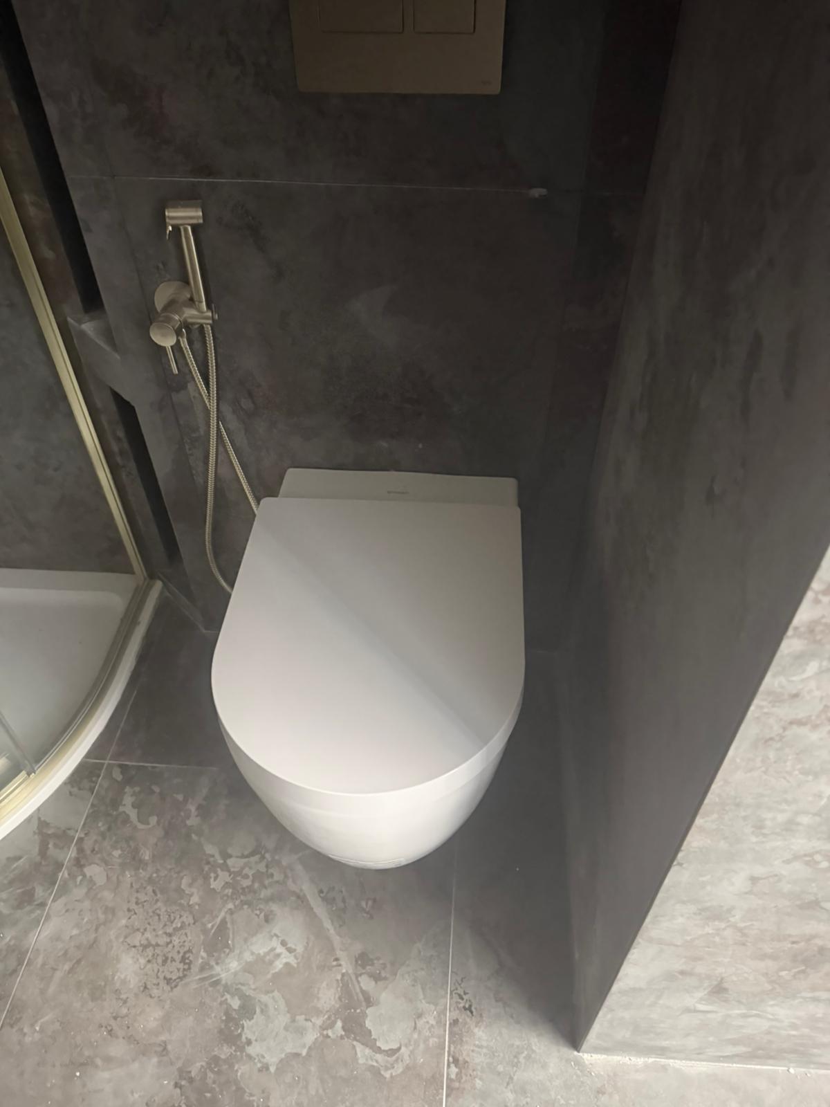 Wall-hung toilet with bidet attachment and grey marble tiles