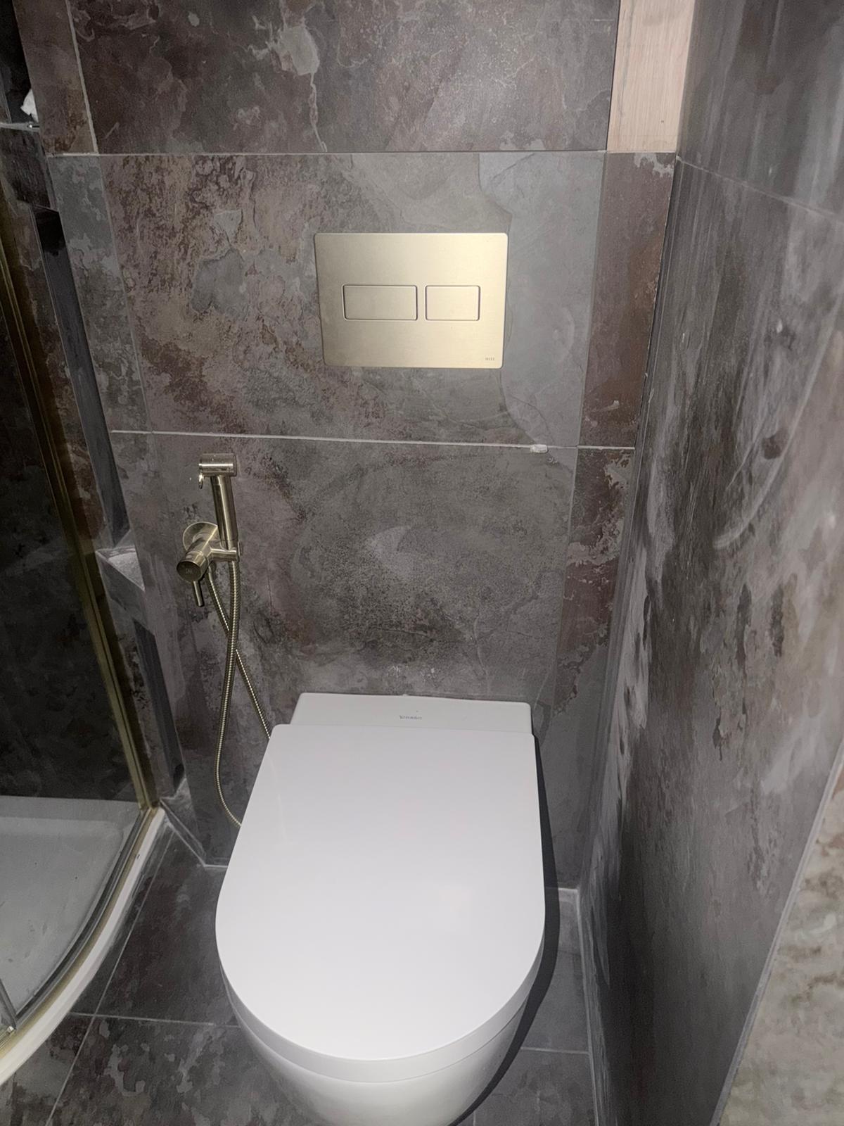 Close-up of wall-hung toilet and bidet sprayer